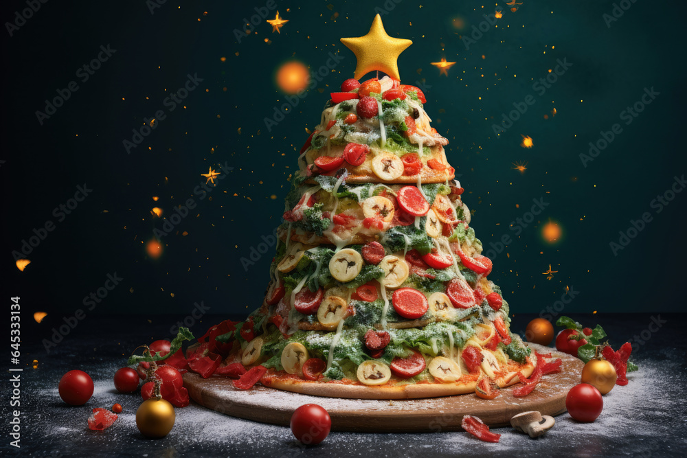 Wall mural New Year's Eve and Christmas pizza concept background. Celebrating pizza in the form of a Christmas tree on black background. Background for restaurant or fast food restaurant new year poster, menu