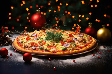 New Year's Eve and Christmas pizza concept background. Celebrating pizza in the form of a Christmas tree on black background. Background for restaurant or fast food restaurant new year poster, menu