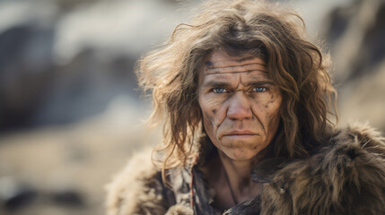 ancient neanderthal caveman wearing fur  - obrazy, fototapety, plakaty