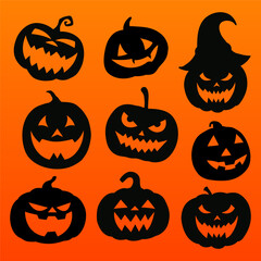 Collection of Halloween pumpkins carved faces silhouettes. Black isolated halloween pumpkin face patterns on orange. Scary and funny faces of Halloween pumpkin or ghost. Vector illustration