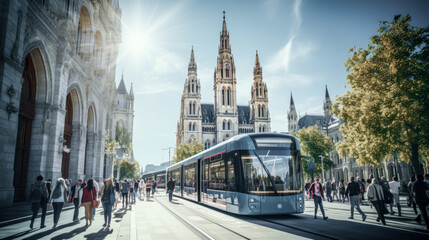 Fototapeta premium Bustling Urban Environment Teeming with Pedestrians Making their Way through the Busy Streets where Traffic creates a Captivating Play of M Movement Generative AI Digital Art Wallpaper Background