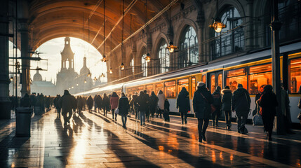 Fototapeta premium Bustling Urban Environment Teeming with Pedestrians Making their Way through the Busy Streets where Traffic creates a Captivating Play of M Movement Generative AI Digital Art Wallpaper Background