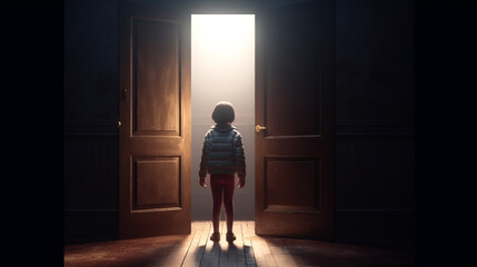Little girl on steps leading from a dark basement to open the door