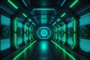 Empty dark room with neon lights background concept made with Generative AI