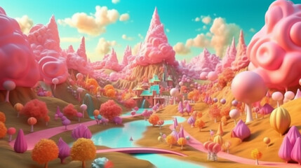 Cartoon sweet candy land fantasy landscape. Candy land landscape background