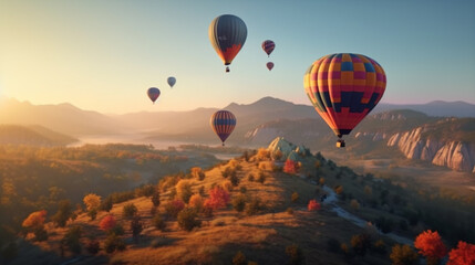 Colorful hot air balloons flying over mountain