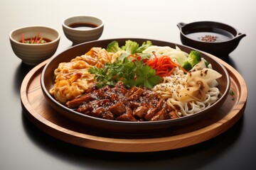 Fototapeta premium Close-up of mouthwatering soba noodles, a popular Japanese dish, Asian cuisine concept.