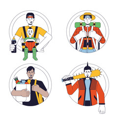 Archetypes flat line color vector characters set. Rebel, traveler, family man, everyman. Editable outline full body people on white. Simple cartoon spot illustrations collection for web graphic design