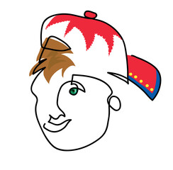 One line drawing of baseball cap turned backwards
One continuous line drawing of young boy with his baseball cap turned backwards
