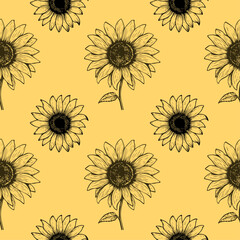 Autumn sunflowers with yellow background pattern. Vintage sunflowers. Design element for fall, Thanksgiving, holidays, fabric, textile etc. Seamless repeat swatch vector illustration