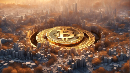 Bitcoin symbol emerging from a futuristic digital landscape. Generative AI