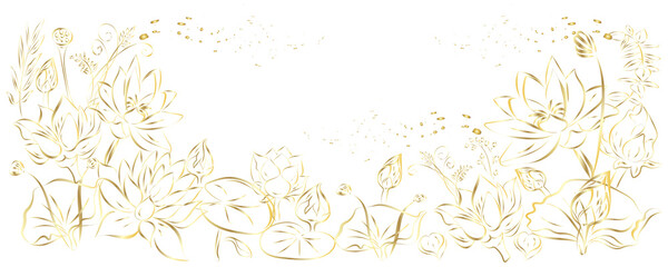 Obraz premium Golden botany banner Japanese.Abstract art background . Luxury minimal style wallpaper with lineart eucalyptus leaves, Gold foil texture, gold glitter, watercolor texture,luxurious foil texture .