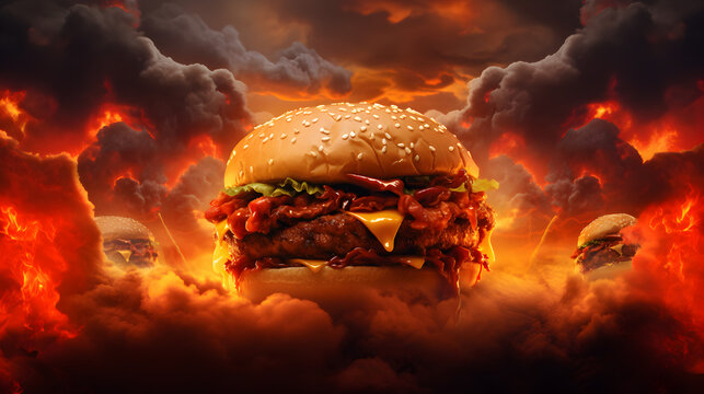 burger de l'enfer sur un fond enflamm&eacute; et enfum&eacute;