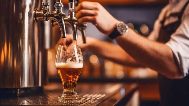 Generative ai, bartender hand at beer tap pouring a draught beer in glass serving in a bar or pub
