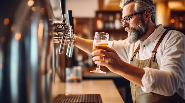 Generative ai, bartender hand at beer tap pouring a draught beer in glass serving in a bar or pub
