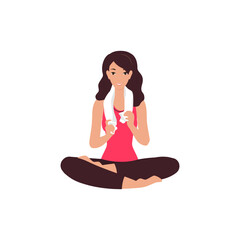 Woman in sport wear in lotus pose with a towel around her neck. Female in tights practicing yoga. Vector illustration isolated on white background