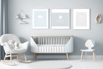 Stylish scandinavian newborn baby room with wooden mock up poster frame, rocking chair, armchair, pastel gentle calming blue and light navy vibes