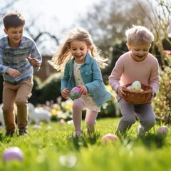 Poster lifestyle photo easter egg hunt with children. © mindstorm