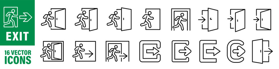 Exit symbol set. Evacuation icon set. Linear style. - 645337583