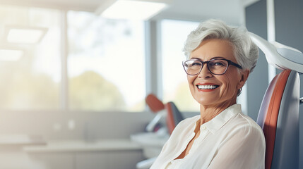 Cheerful mature woman wearing glasses and smiling while sitting in dental chair