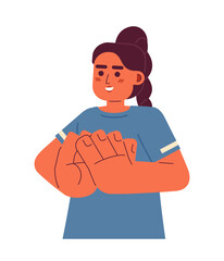 Cheerful latin girl clapping semi flat color vector character. Positive emotions. Winning celebration. Editable half body person on white. Simple cartoon spot illustration for web graphic design