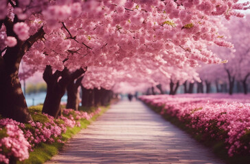 Sakura Cherry blossoming alley Wonderful scenic park with rows of blooming cherry sakura trees