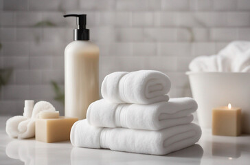 Fototapeta na wymiar Toiletries, soap, and towel on blurred white bathroom spa background with copy space