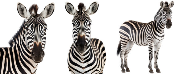 African zebra collection (portrait, standing), animal bundle isolated on a white background as transparent PNG