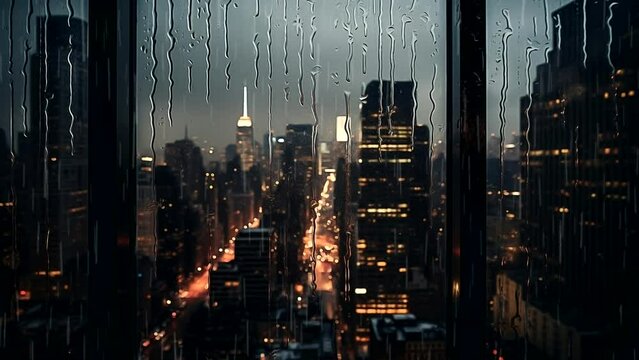 Generated ai, view from the window of a skyscraper where it is raining and accompanied by lightning