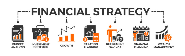 Financial strategy banner web icon vector illustration concept with icon of budget analysis, investment portfolio, growth, taxation planning,retirement savings, financial planning, wealth management