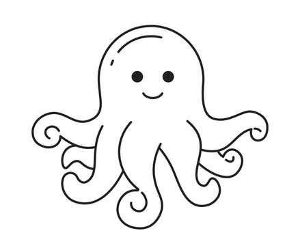 Adorable octopus baby with curled tentacles monochromatic flat vector character. Underwater ocean creature. Editable thin line full body personage on white. Simple bw cartoon spot image for web design