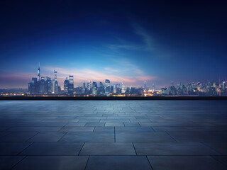 Perspective view of empty floor and modern rooftop building with cityscape scene - obrazy, fototapety, plakaty