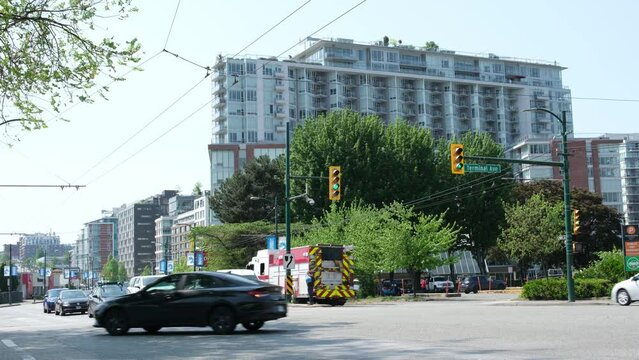 Vancouver, BC, Canada Emergency Response Vehicle, Red Fire Truck Siren, Rescue Department Vehicle. High quality 4k footage
