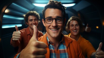 A man in an orange jacket shows a thumb-up to a man in a checkered shirt, who smiles at the camera while standing next to his friend.