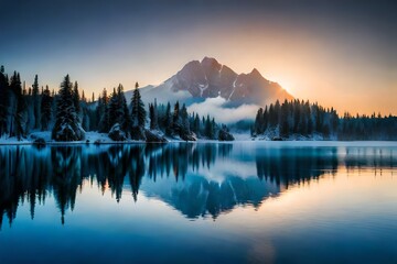 sunrise over the lake in mountains 