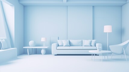 Stylish minimalist interior of modern cozy living room in white and pastel blue tones. Trendy couch and armchair, coffee table, floor lamp, many creative design details. Mockup, 3D rendering.