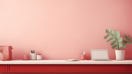 Stylish minimalist monochrome interior of modern office room in pastel carmine red and pink tones. Large desktop with computer, office tools, houseplant. Mockup, 3D rendering.