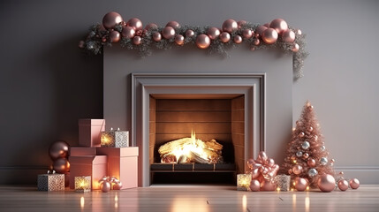Christmas fireplace scene in flat design. Generative Ai
