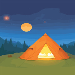 DreamShaper An orange tent with a burning light inside stan