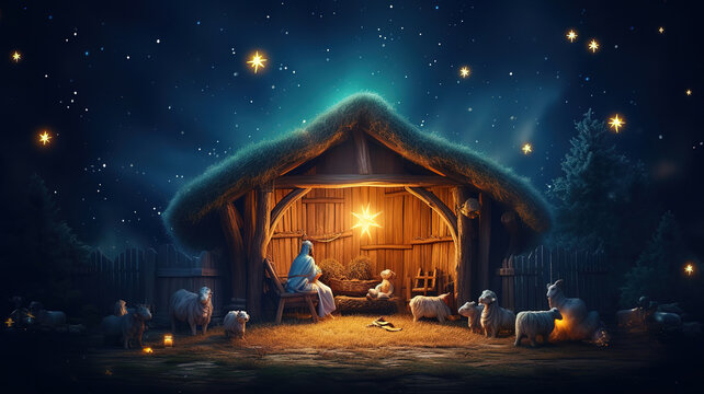Greeting card of traditional christian christmas nativity scene of baby jesus. Generative Ai