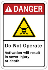 Do not operate machinery sign and labels activation will result in severe injury or death