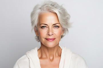 Fototapeta premium Portrait of beautiful mature woman looking at camera isolated on grey background