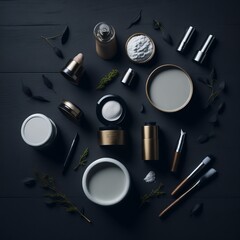 Make up brushes and powder, cosmetics products on dark wooden background. Cosmetic items, Makeup products
