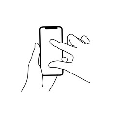 Hand holding mobile phone with white screen set in flat style isolated