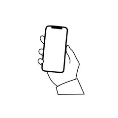 Hand holding mobile phone with white screen set in flat style isolated