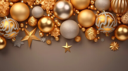 Golden christmas sale banner with realistic xmas balls and stars. Generative Ai
