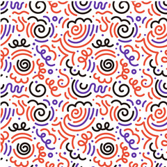 Fototapeta premium Colorful squiggle halloween party seamless pattern. Cute scary elements. doodle background illustration of autumn celebration decoration and childish creative abstract scribbles