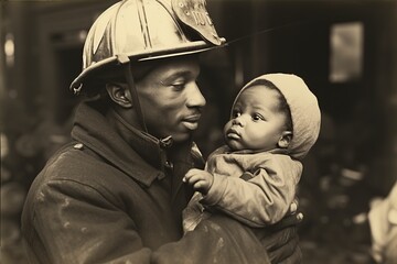 young African American firefighter rescuing a baby