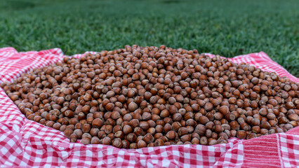 a pile of hazelnuts. Photo of brown and highly textured nuts. Organic and natural nuts.