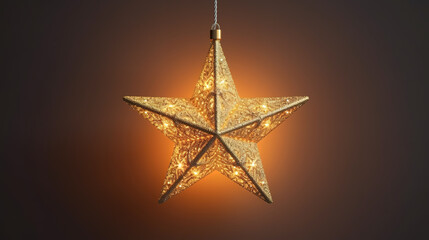 Gold star light hanging on dark background. Generative Ai